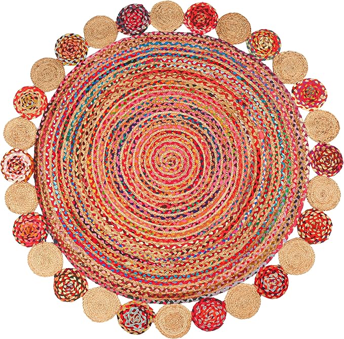 5' Round Handwoven Jute Chindi Area Rug - Colorful Boho Rugs for Living Room - Hand Braided Multicolor Bohemian Rug for Farmhouse, Bedroom, Dining Room, Classroom, Hallway, Kitchen, Office
