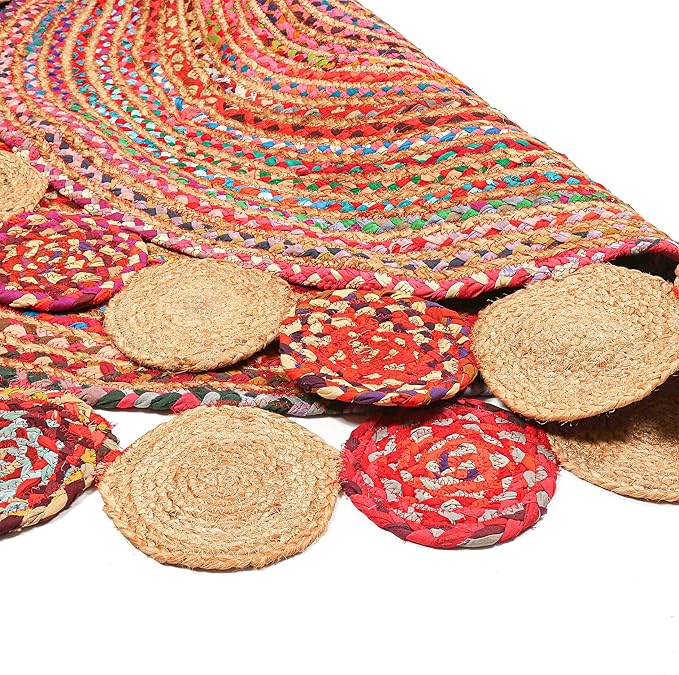 6' Round Handwoven Jute Chindi Area Rug - Colorful Boho Rugs for Living Room - Hand Braided Multicolor Bohemian Rug for Farmhouse, Bedroom, Dining Room, Classroom, Hallway, Kitchen, Office