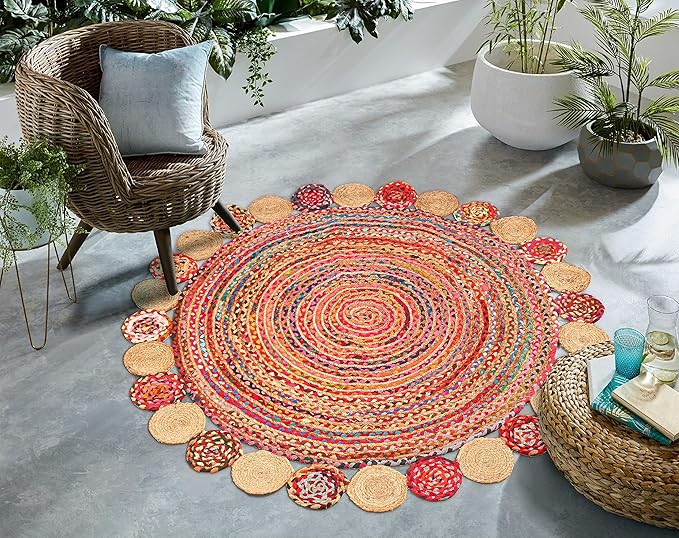 6' Round Handwoven Jute Chindi Area Rug - Colorful Boho Rugs for Living Room - Hand Braided Multicolor Bohemian Rug for Farmhouse, Bedroom, Dining Room, Classroom, Hallway, Kitchen, Office
